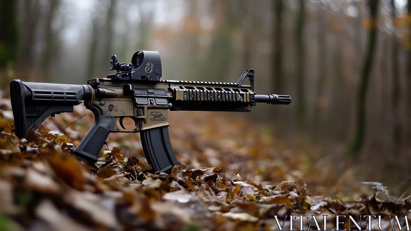 Modern tactical rifle rests quietly on a leaf-strewn forest floor
