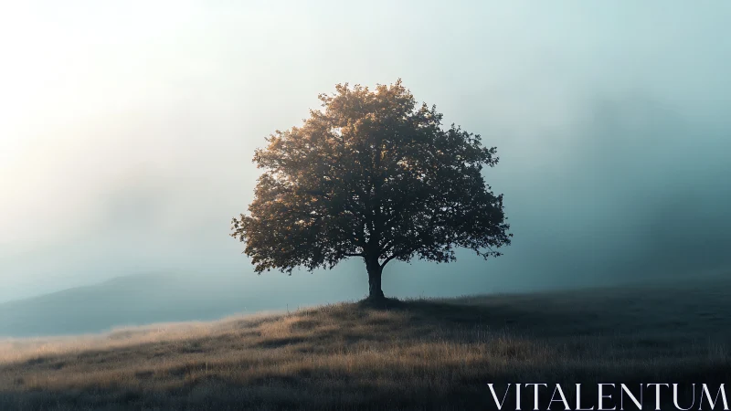 Lone hilltop tree drinking dawn light in drifting mist.