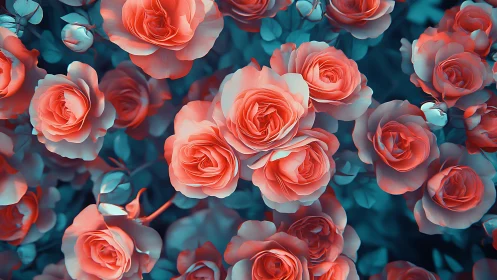 Coral roses with teal foliage in luminous 3D botanical composition.