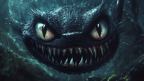 Midnight sea creature grins with eerie, gleaming fanged smile