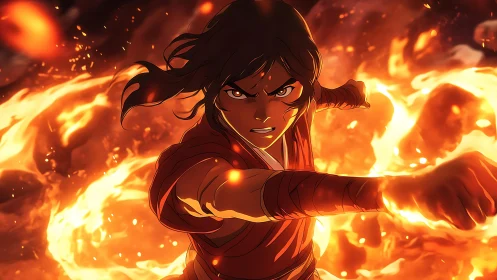 Fiery young warrior commands swirling flames with fierce focus