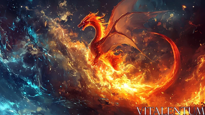 Elemental fire dragon emerging through swirling blue void