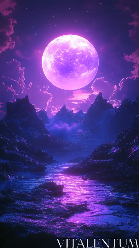 Moonlit violet canyon where quiet water mirrors magic.