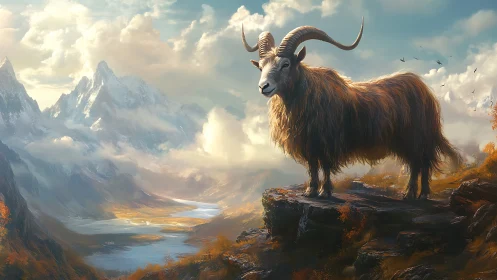 Mountain guardian goat watching over a painted sunrise.