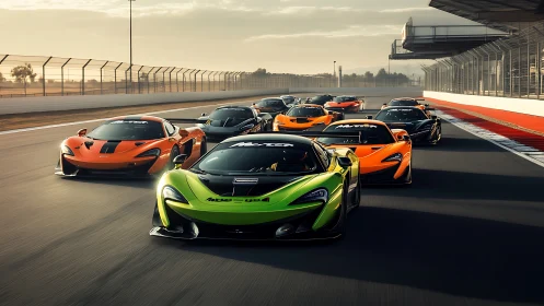 Multiple sports cars drive on a racetrack in formation.