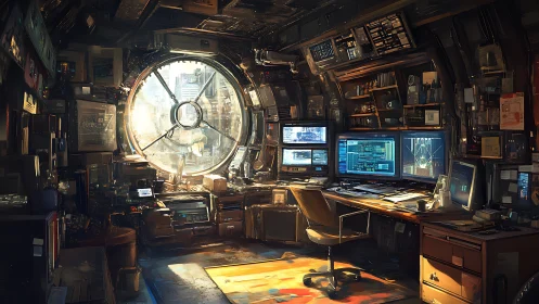 Cyberpunk hacker workstation under circular porthole window.