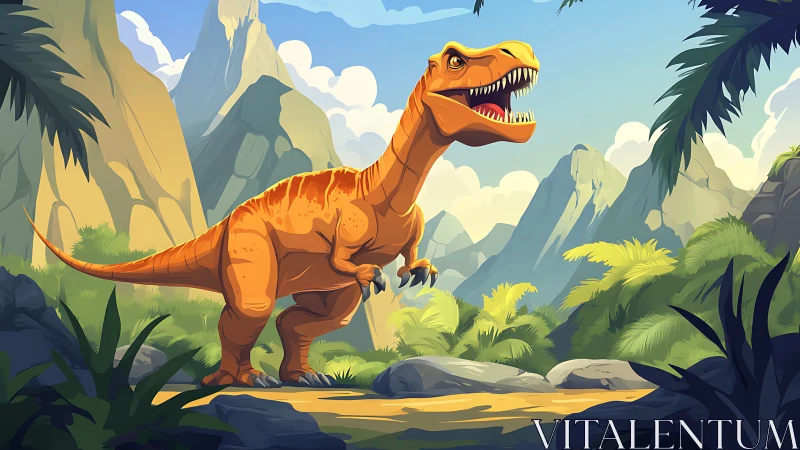 Cartoon T. rex roars inside lush prehistoric valley landscape.