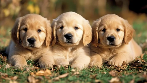 Three golden retriever puppies rest together outdoors