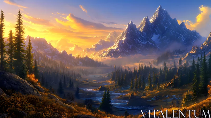 Sunlit alpine valley unfolds beneath jagged snowy peaks.