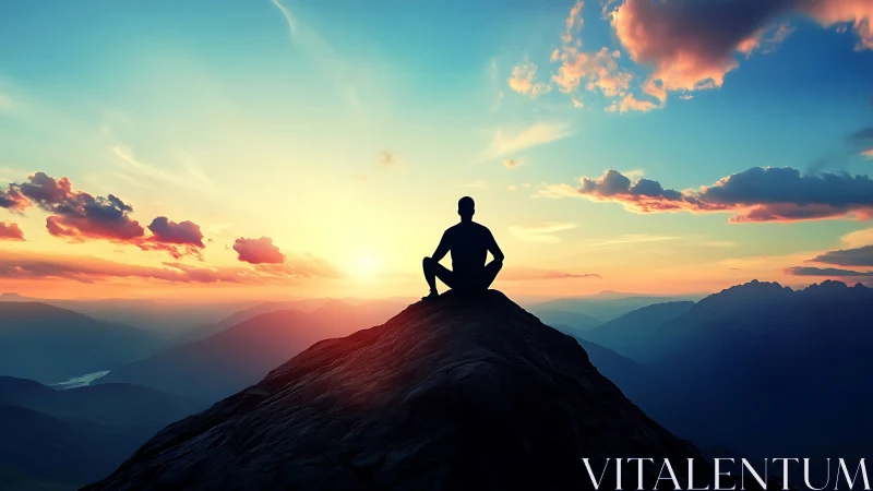 Silhouette meditates atop mountain under radiant sunrise.