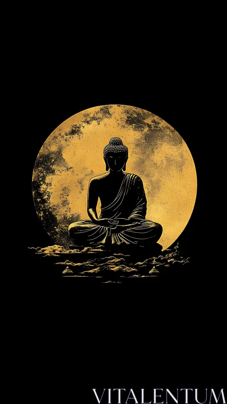 Silhouetted meditating Buddha aligns with textured golden moon