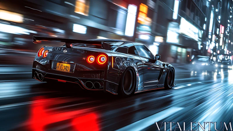 Black sports coupe on wet neon city street at night scene.