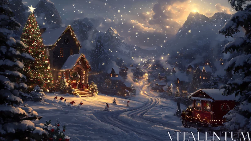 Snowy Christmas village glows under a starlit winter sky