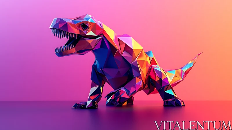 Low-poly neon T-Rex sculpture with prismatic gradient lighting.