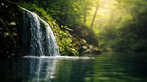 Sunlit forest waterfall pours gently into a tranquil pool