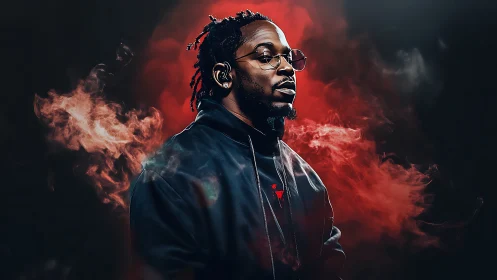 Moody digital portrait with red smoke and dark jacket.