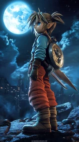 Cel-shaded moonlit elf warrior rendered in dynamic low angle