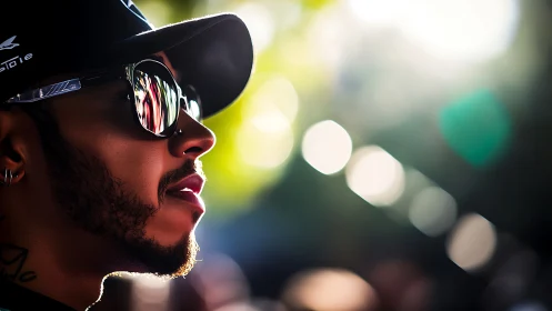 Side-lit portrait captures reflective sunglasses and calm focus