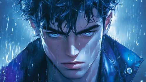 Hyperreal anime portrait of rain‑soaked, blue‑lit vigilante.
