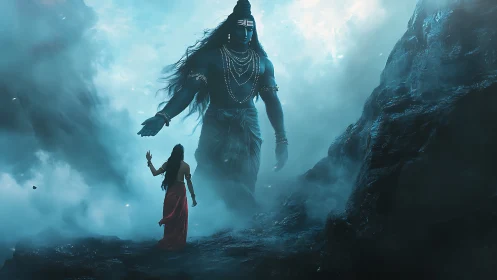 Colossal blue deity rendered in mist-laden mountainous chasm