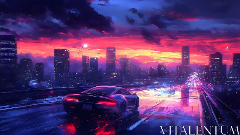Neon dusk highway sends a lone supercar slicing into night