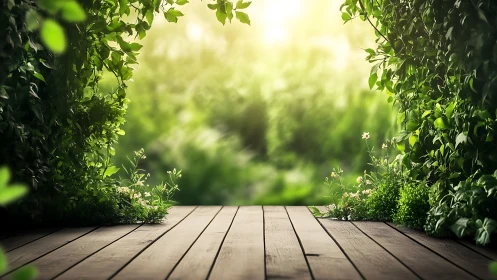 Wooden deck overlooks lush green foliage in natural light