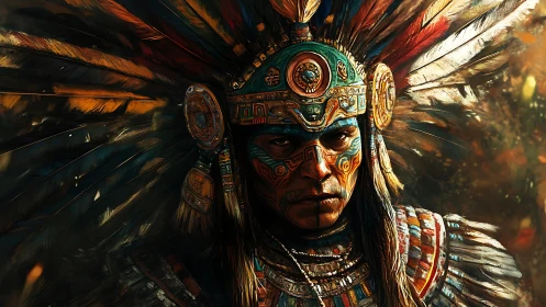 Warrior in ornate feathered headdress stands in burning light