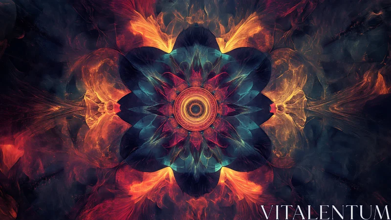 Fractal mandala bloom with radial symmetry and flame gradients.