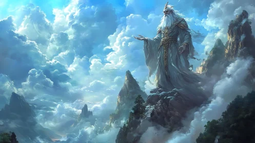Celestial mountain deity in ornate robes above cloud peaks