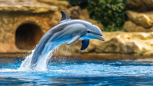 Dolphin arcs above azure pool amid warm rocky backdrop.