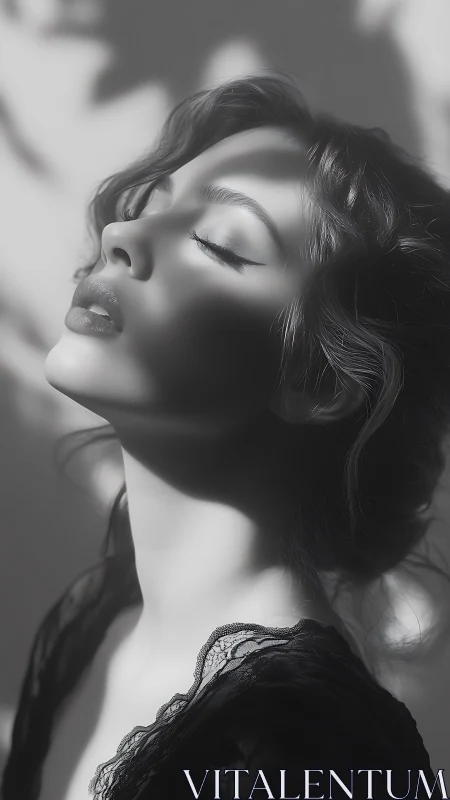 Monochrome portrait captures sculpted light on serene face.