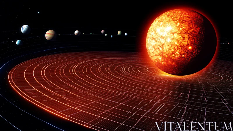 Stellar system orbits with glowing digital gravitational grid.