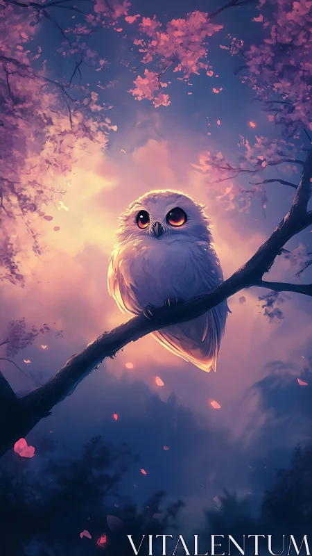 Dreamlit owl on cherry branch in luminous dusk palette.