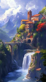 Cliffside village and stone bridge overlook tall mountain waterfall