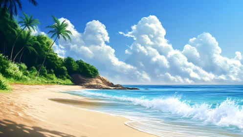 Tropical Beach with Palm Trees and Ocean Waves.