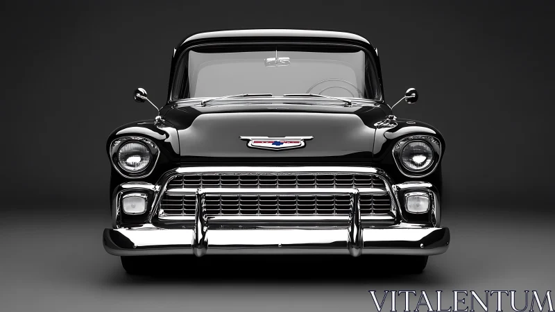 Classic black Chevy truck front view in studio lighting.