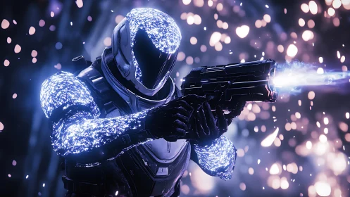 Futuristic armored shooter with luminous particle suit.