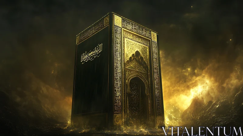 Luminous golden Kaaba rising from a swirling cosmic dusk.