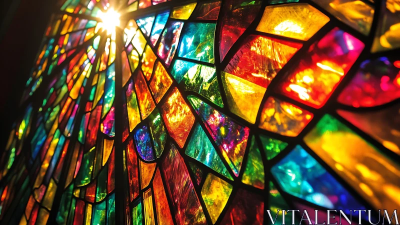 Radiant stained glass window with sunlit color shards.