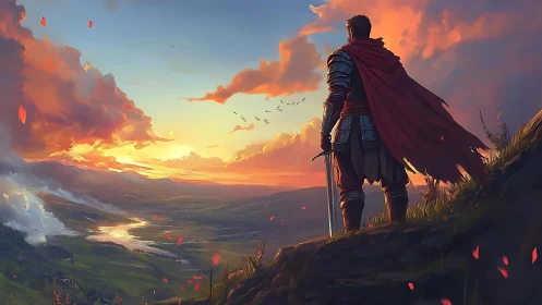 Armored warrior observes blazing valley sunset from cliff edge