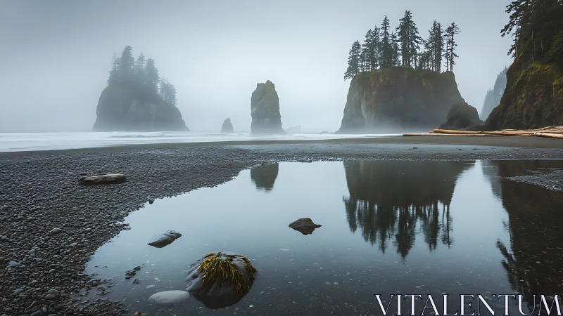 Misty sea stacks and tide pool reflections calm the wild shore