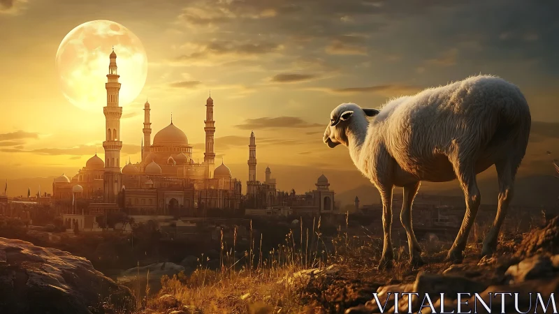 Sheep on rocky hill overlooking illuminated mosque at dusk.