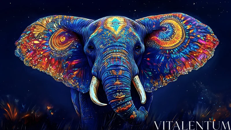 Elephant stands front-facing with neon multicolored ears spread
