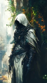 Hooded forest warden in tattered cloak, painterly vertical study.