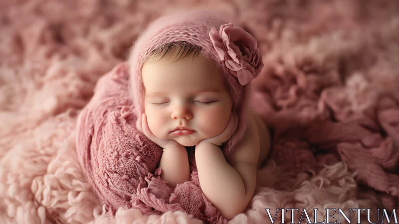 Sleeping Newborn Baby in Dusty Rose Wrapping with Decorative Headband