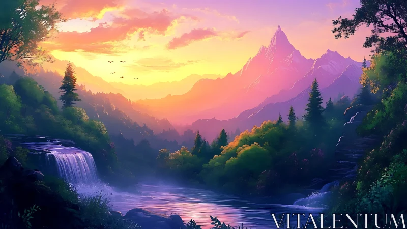 Luminous alpine valley with cascading river at radiant sunset.