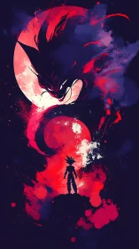 Silhouetted warrior under crimson dragon moonscape.