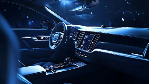 Modern car cockpit with illuminated blue dashboard at night.