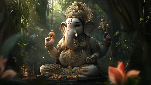 Ganesha idol in ornate gold attire within forest shrine.