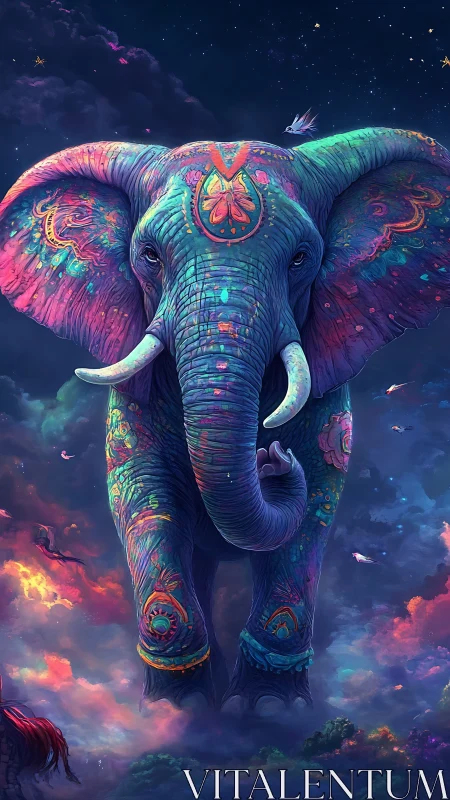 Bioluminescent painted elephant levitates in iridescent nebula
